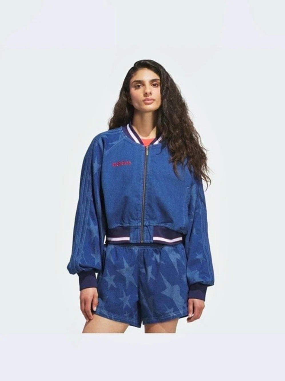 NWT Women’s adidas Originals SST Denim Graphic Varsity Bomber Jacket
